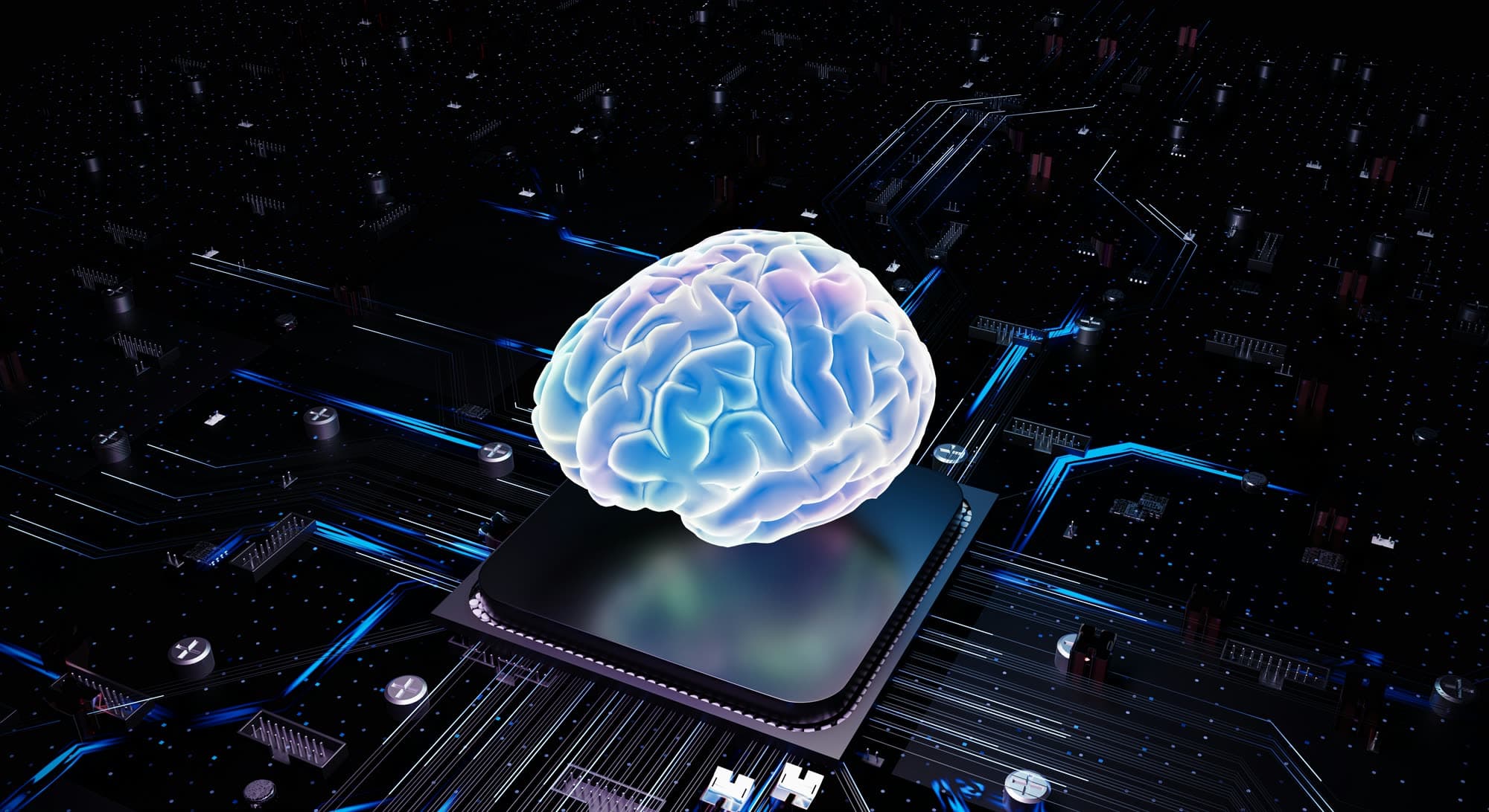 Glowing human brain resting on a computer processor chip on a circuit board