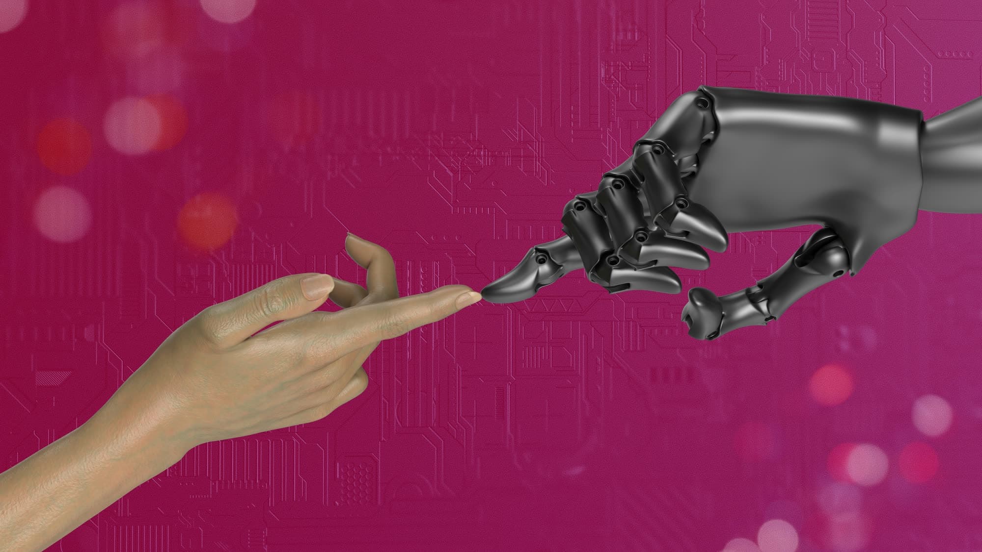 Human hand and robotic hand reaching toward each other against a pink circuit background