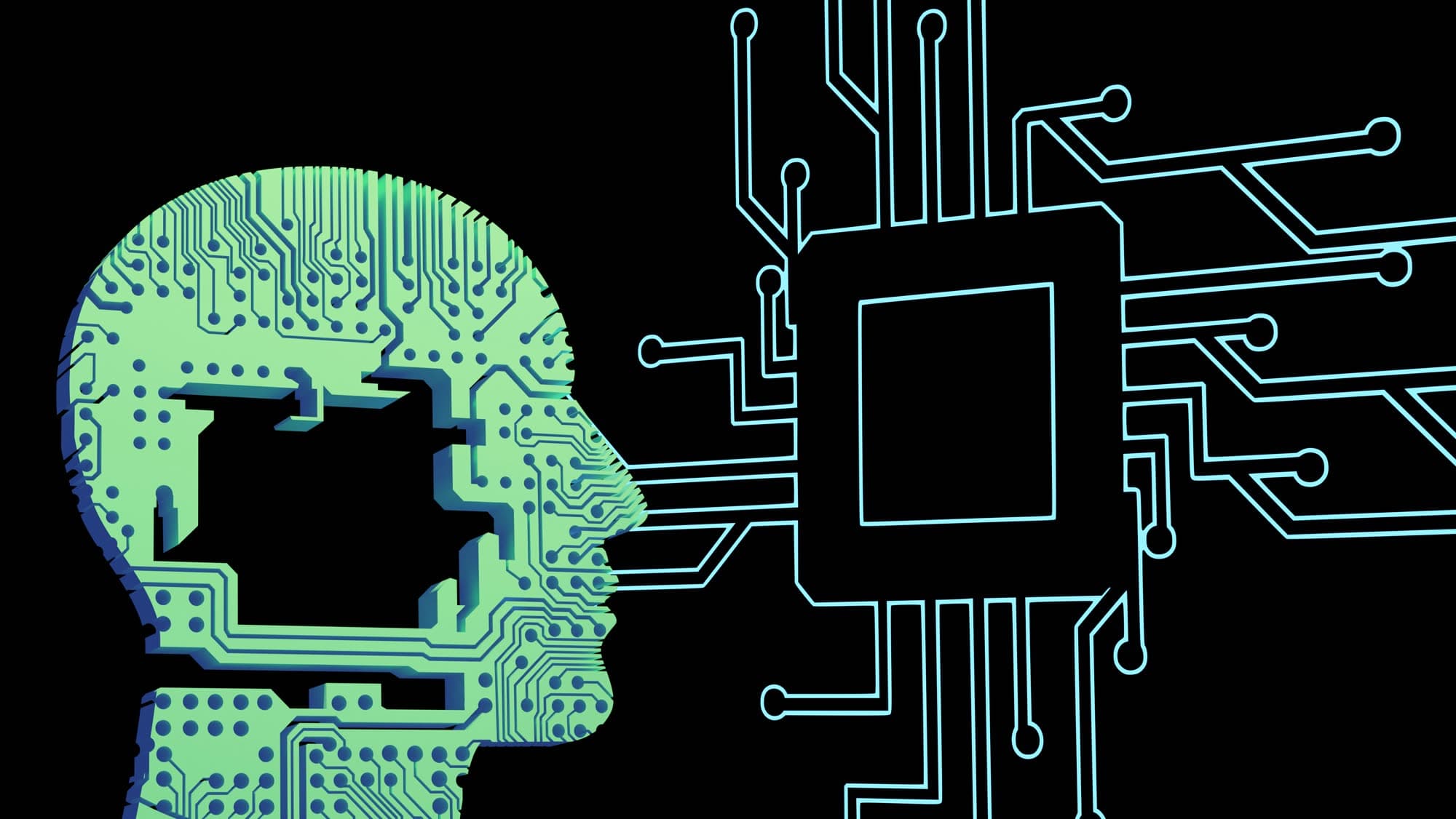 Human head silhouette made of circuit board traces facing a microchip