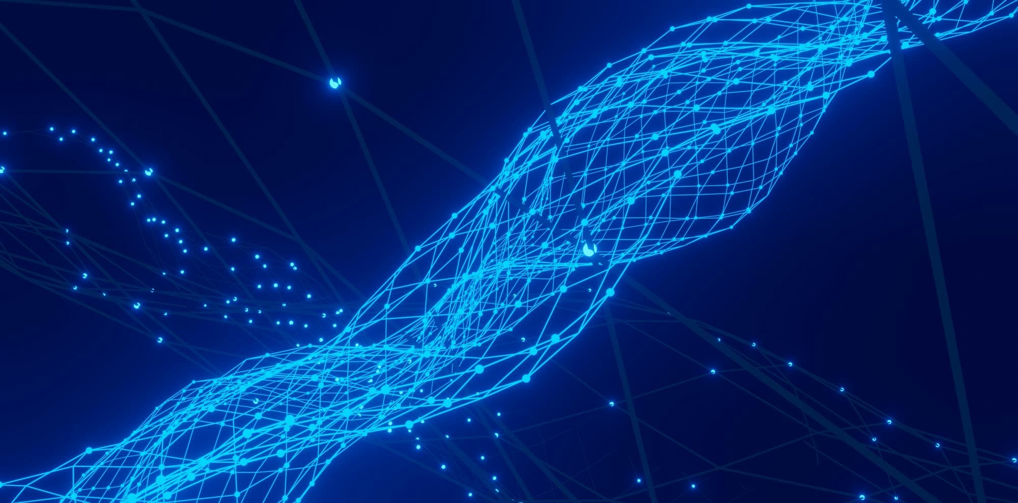 Blue digital network of connected nodes and lines on a dark background